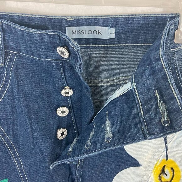 Misslook Women's  Floral Jeans Straight Leg High Rise Button Fly Sz L (34 x 31) - Picture 8 of 10